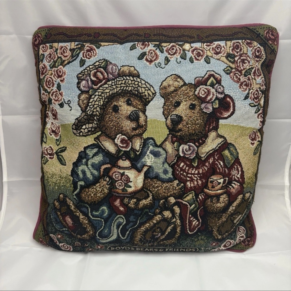 Vtg BOYDS BEARS & FRIENDS PILLOW 15"x15" Tapestry  Tea Party Original Owner